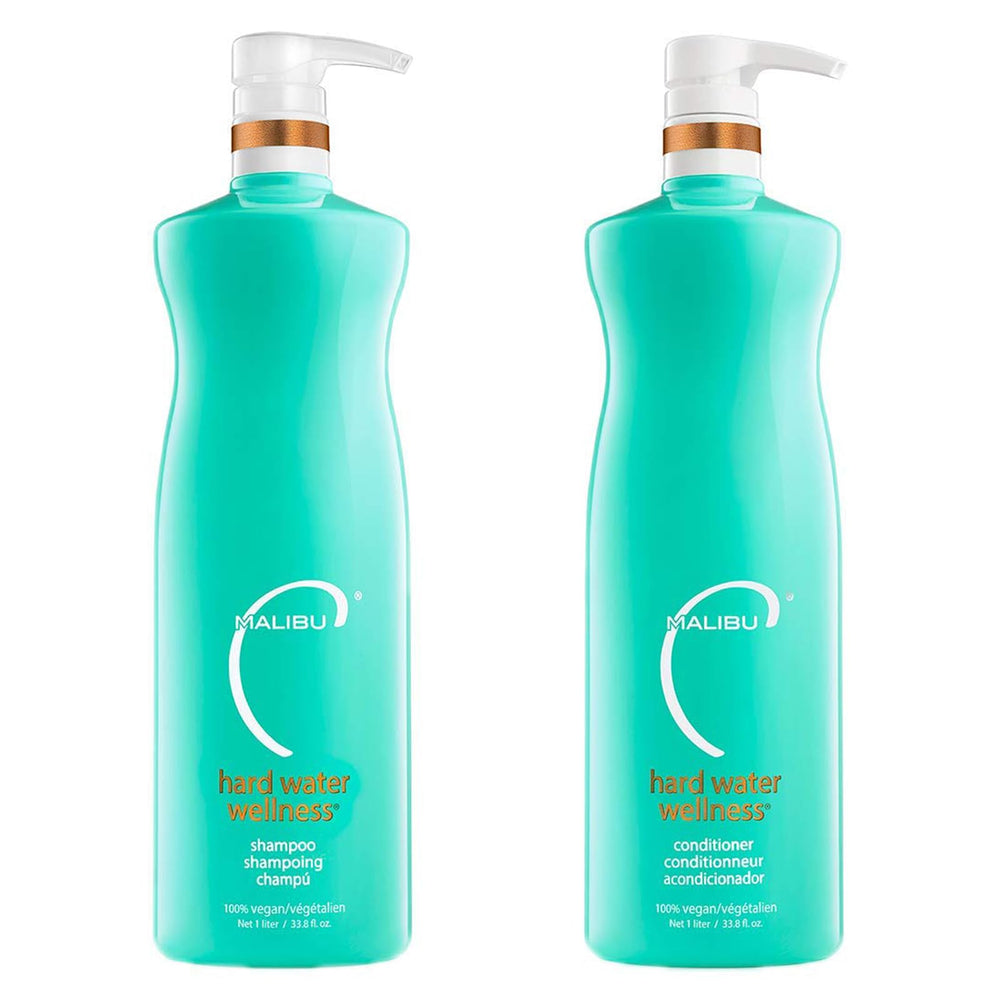 Malibu C Hard Water Shampoo bottle closeup showing a hydrating cleanse for mineral buildup.