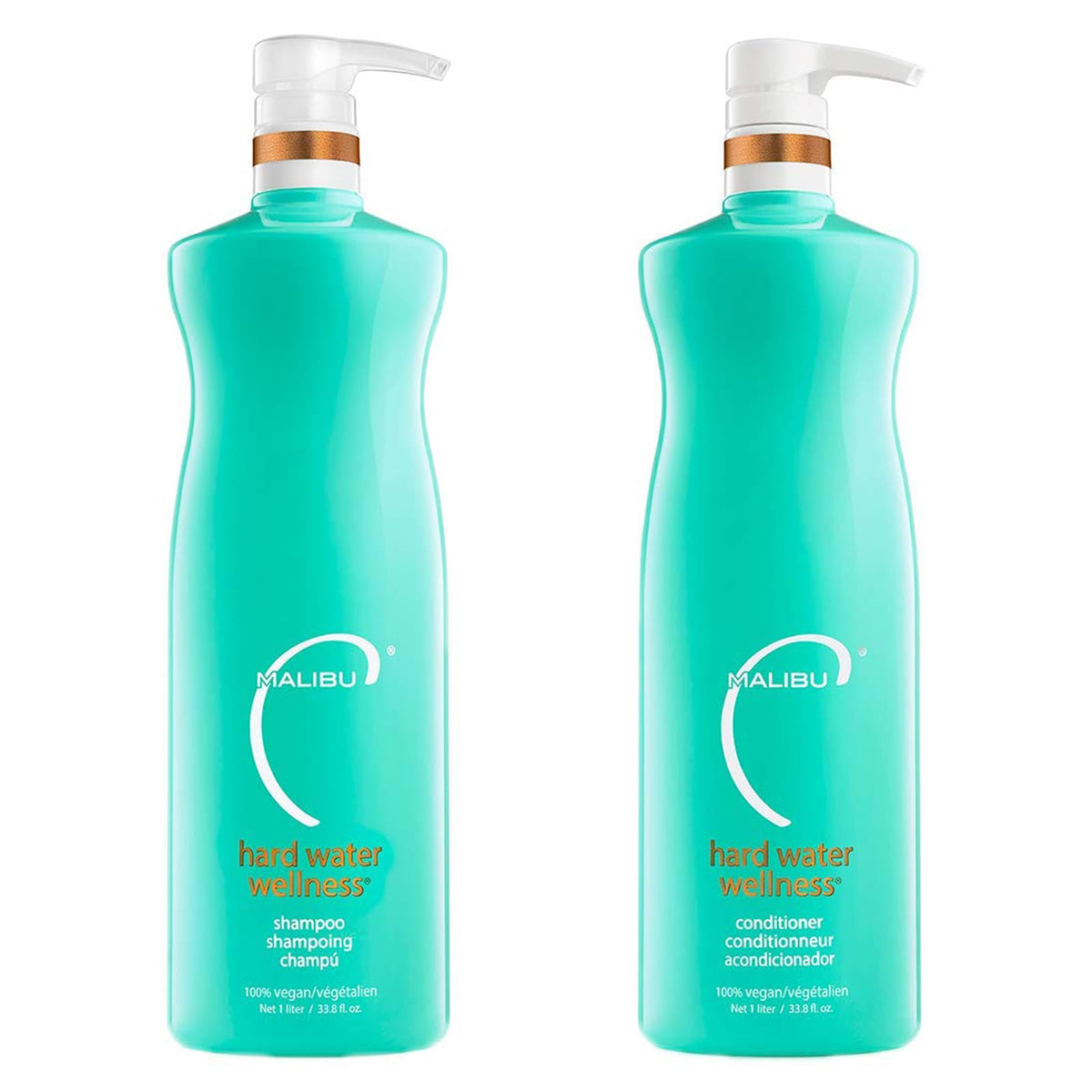 Malibu C Hard Water Shampoo bottle closeup showing a hydrating cleanse for mineral buildup.