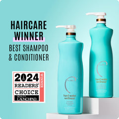 Malibu C Hard Water Shampoo label closeup featuring vegan, sulfate-free cleansing.