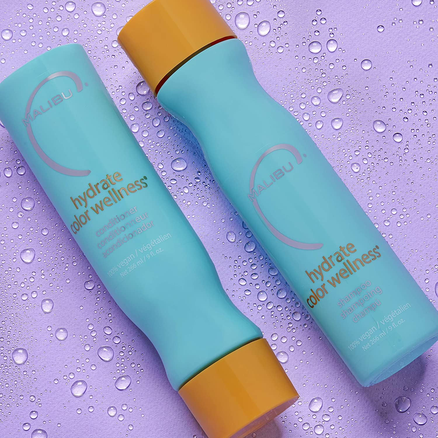 Malibu C Hydrate Color Wellness Shampoo label closeup highlights vegan, sulfate-free formula