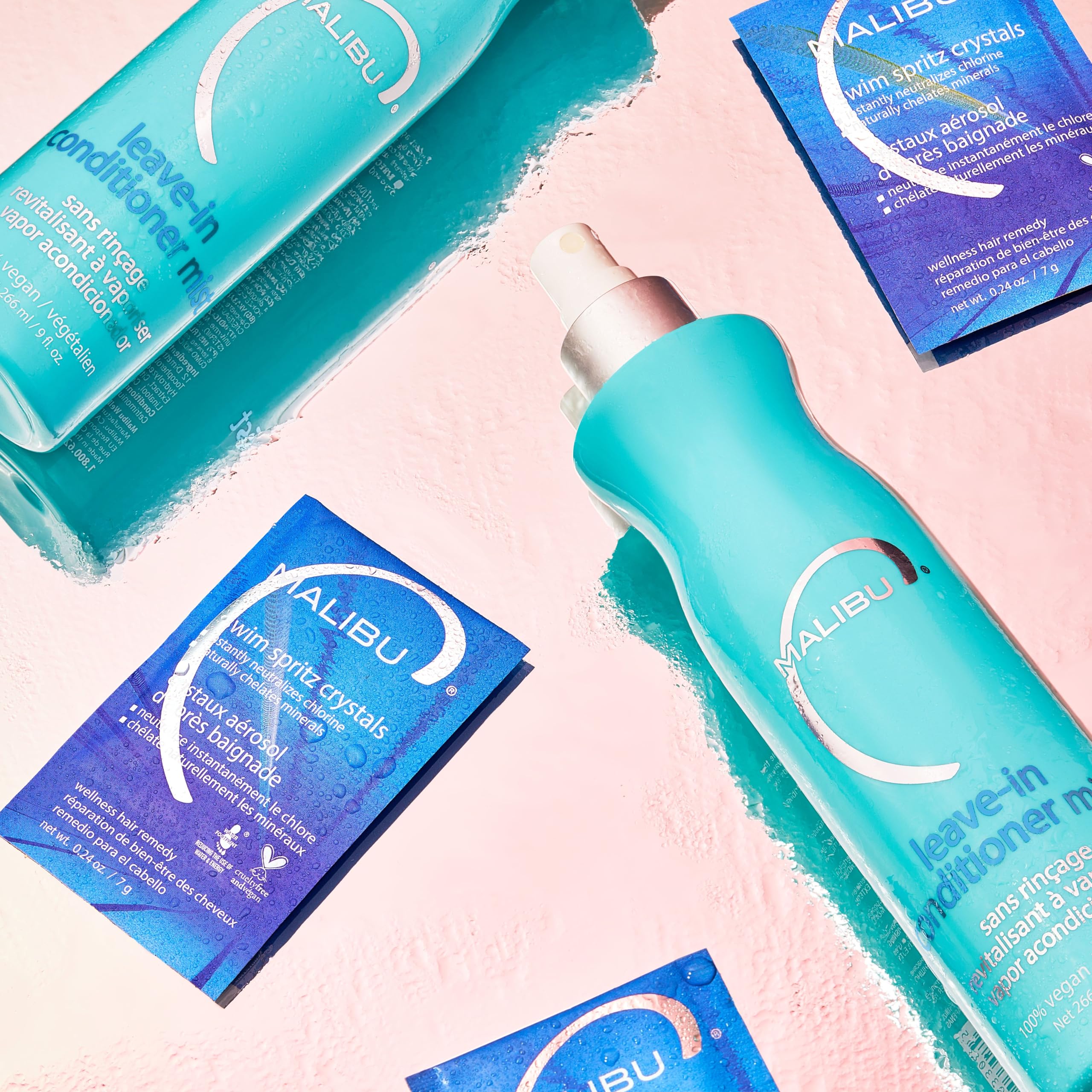 Malibu C kids detangler spray supports gentle comb-through after swimming.