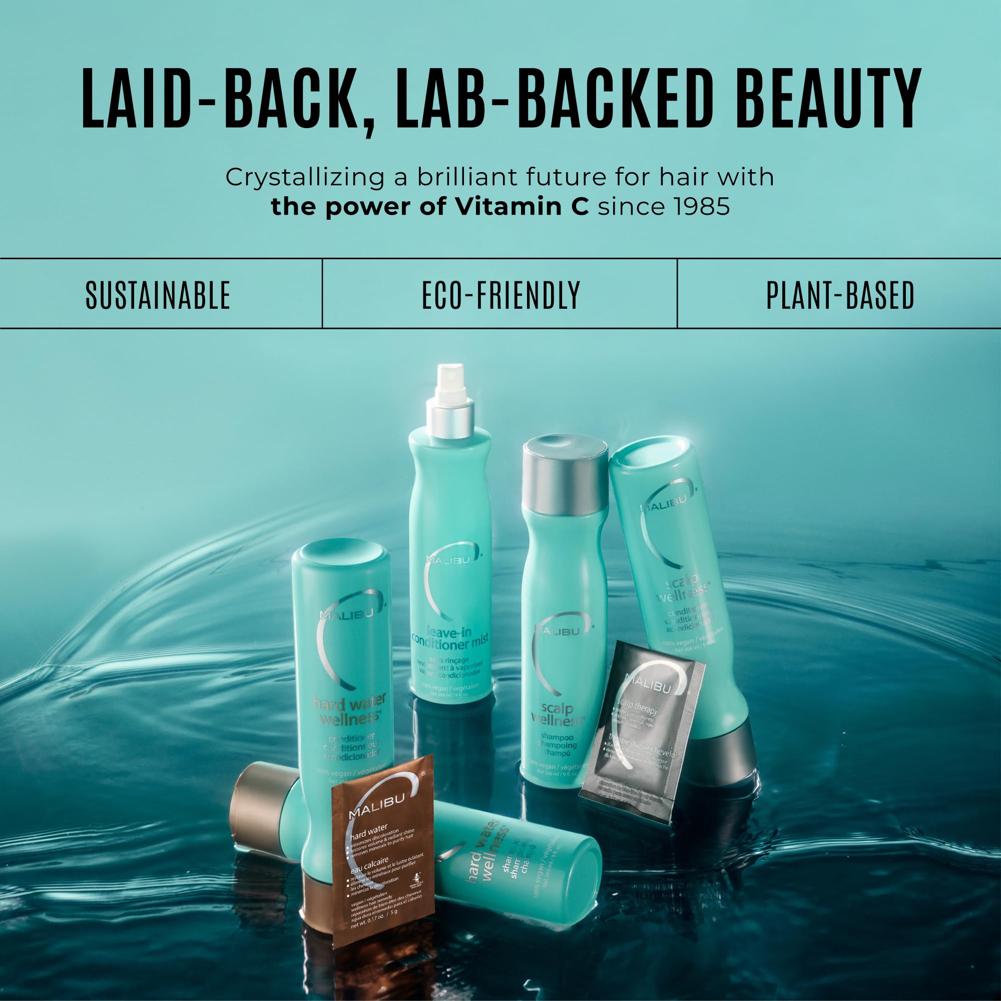 Malibu C packet on bathroom shelf staged with towel showing routine-ready lifestyle