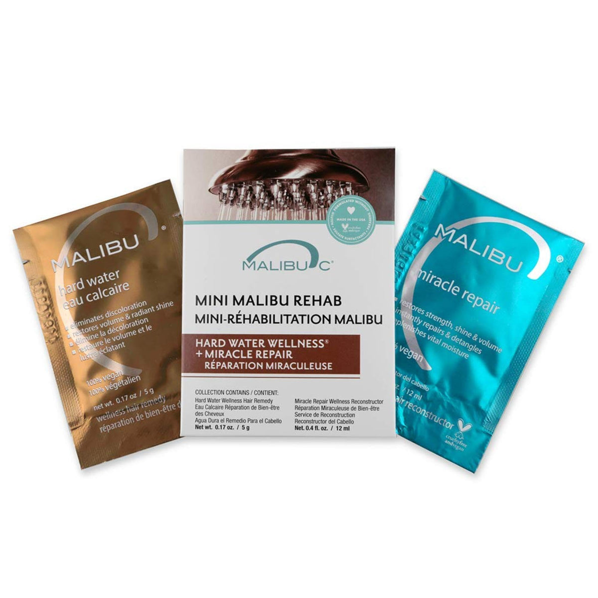 Malibu C Mini Rehab hard water packet closeup showing mineral-detox for color clarity