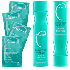 Malibu C Swimmers Shampoo bottle demonstrates chlorine removal for healthier, more manageable hair.