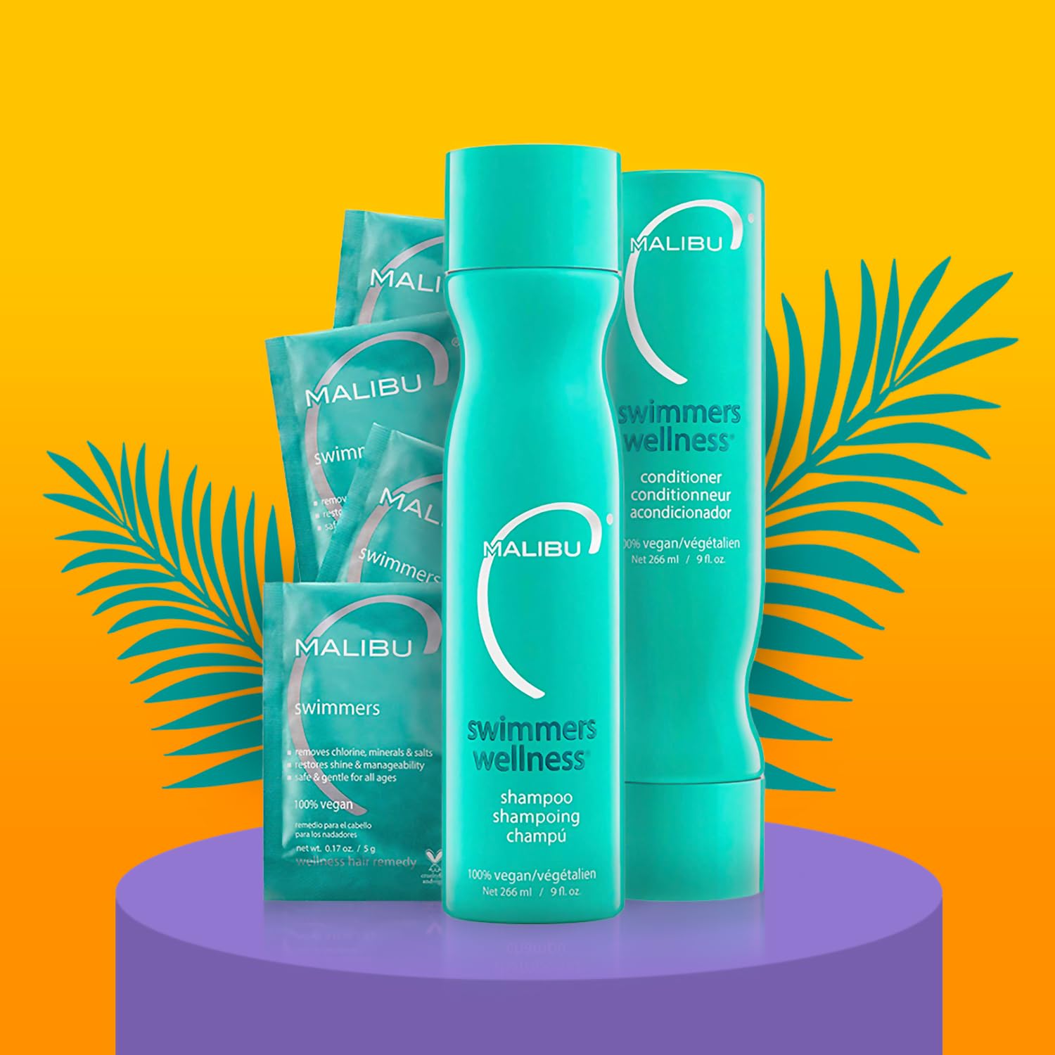 Malibu C Swimmers Summer Essentials Kit packaging suggests family-friendly pool hair care routine.