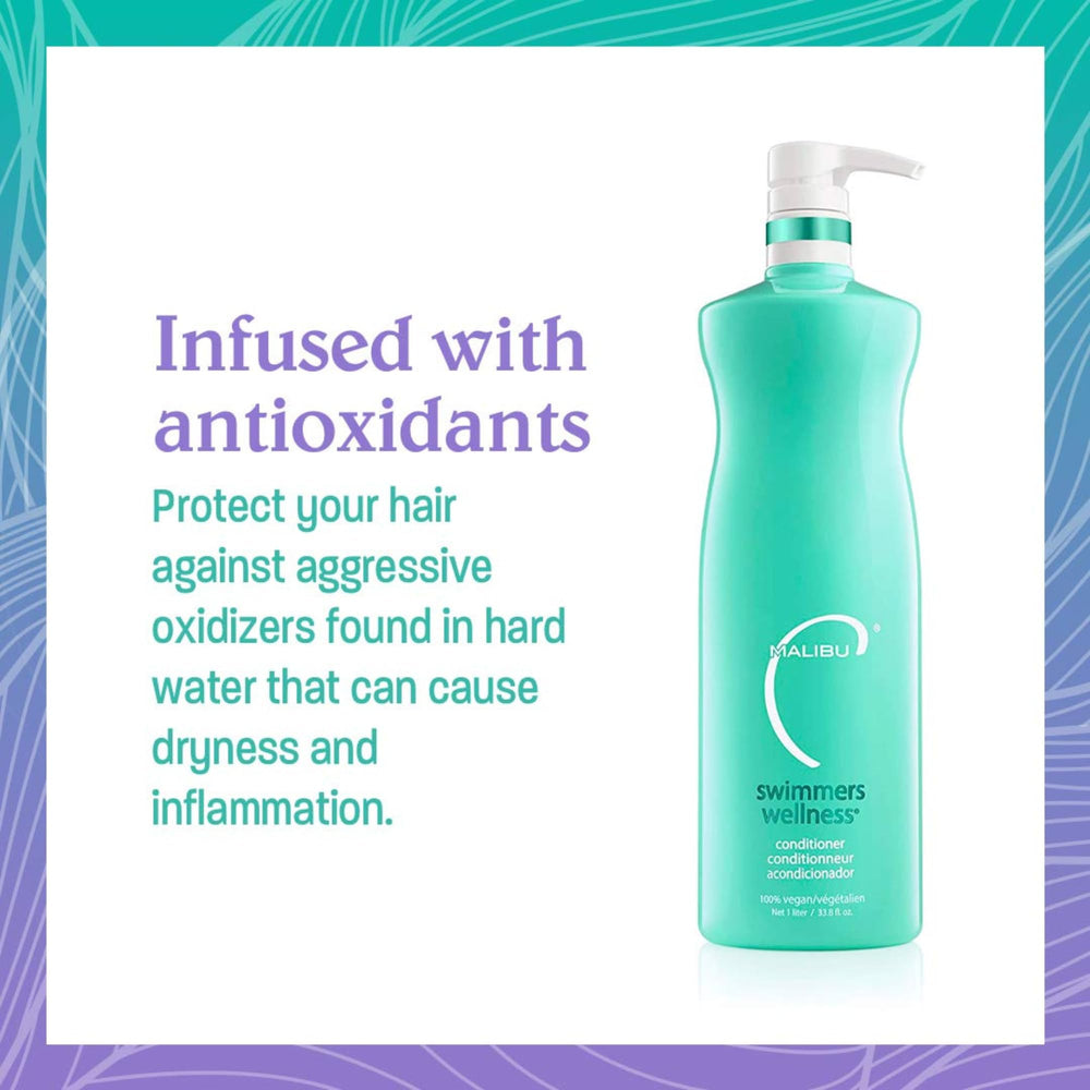 Malibu C Swimmers Wellness conditioner apply hair shows detangling relief after chlorine exposure.