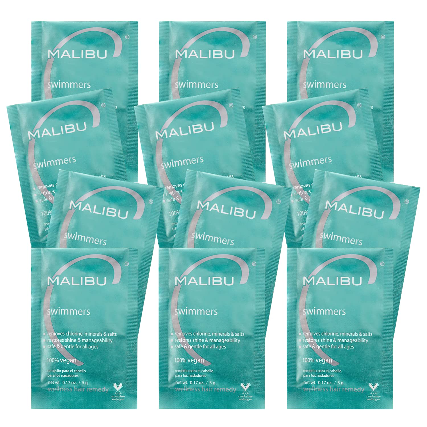Malibu C Swimmers Wellness Remedy packets closeup showing easy-use detox for chlorine-damaged hair.