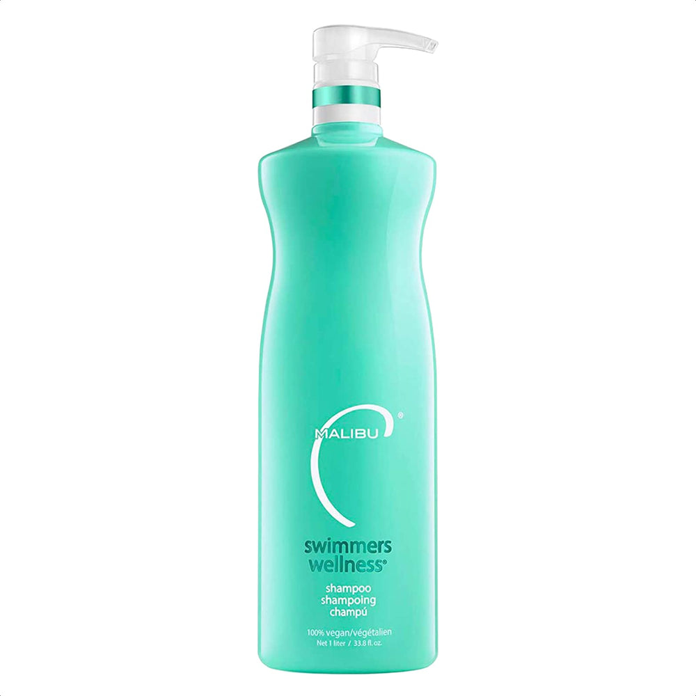 Malibu C Swimmers Wellness Shampoo bottle pour shows chlorine removal in every wash.