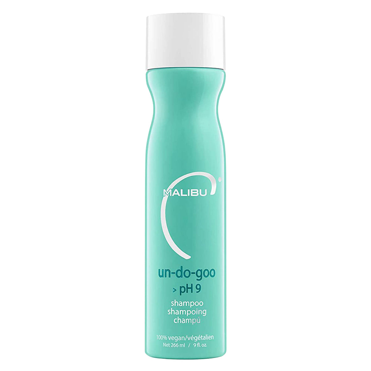 Malibu C Un-Do-Goo bottle anti-residue demonstrates buildup removal for shinier hair.