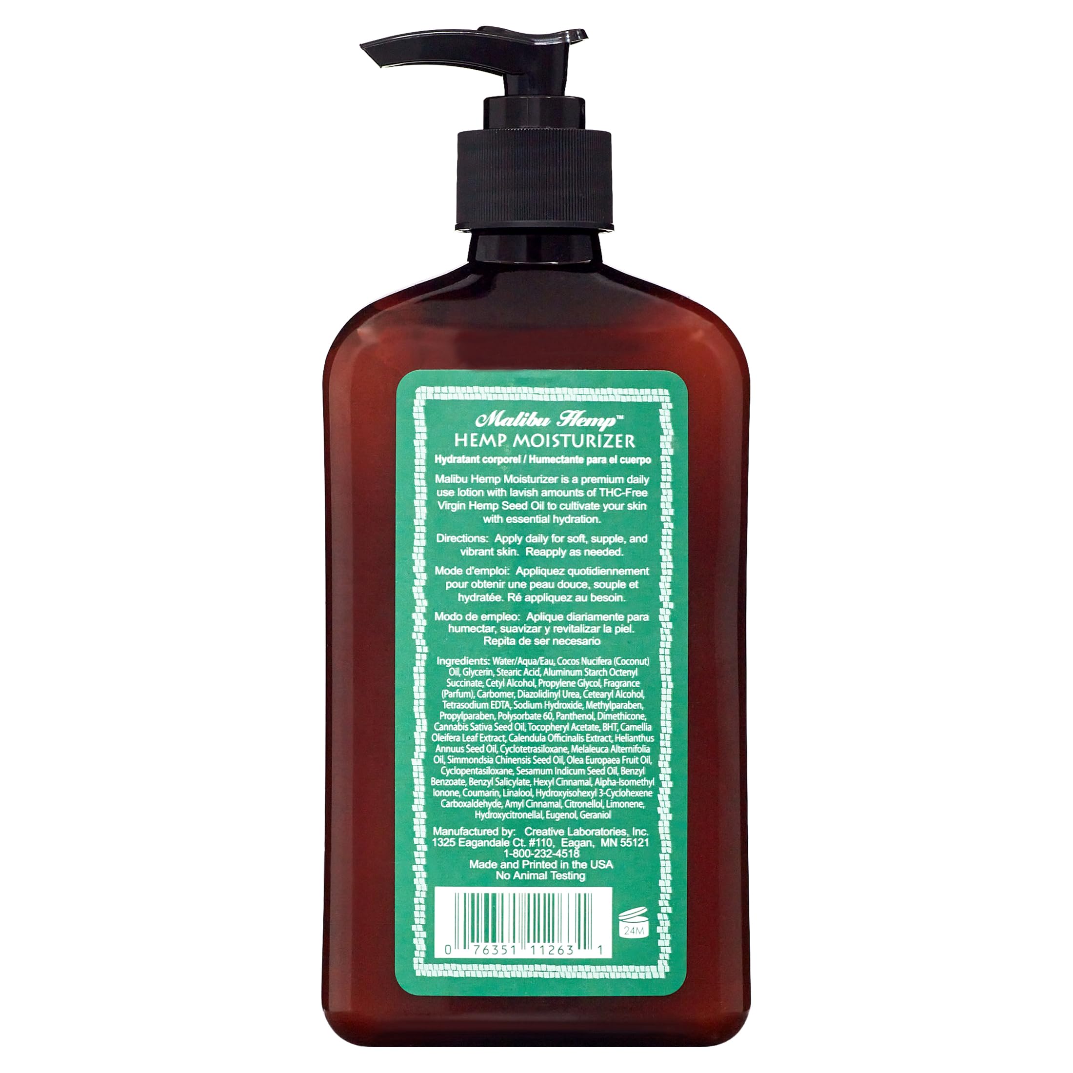 Malibu Hemp bottle and ingredients display hemp oil nourishment for skin.