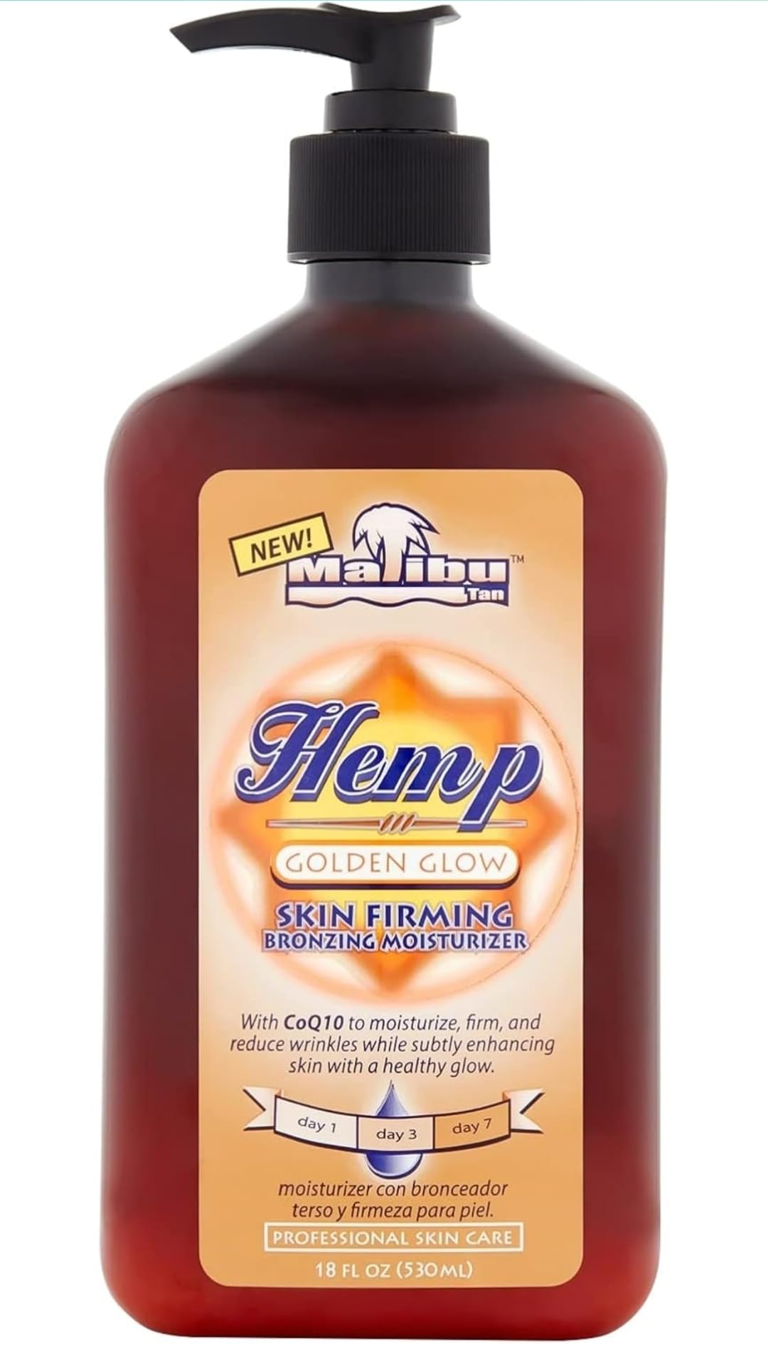 Malibu Tan Hemp Golden Glow bottle shows soothing firming lotion for gradual bronze