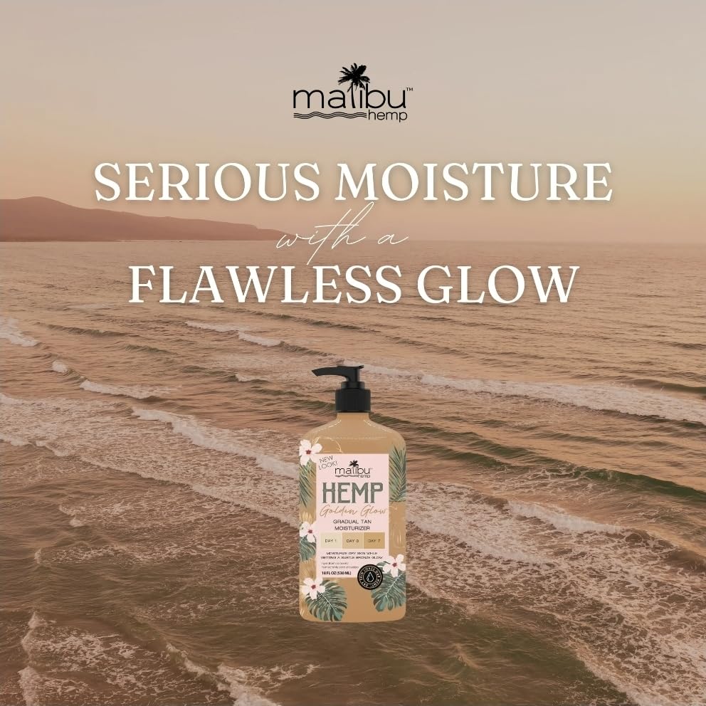 Malibu Tan Hemp Golden Glow ingredient illustration highlights hemp botanicals