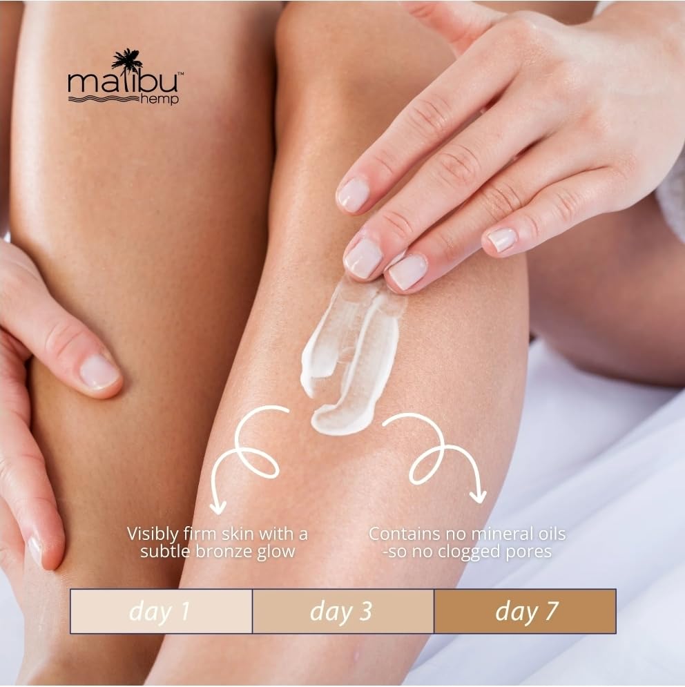 Malibu Tan Hemp Golden Glow texture closeup shows creamy, quick-absorbing formula