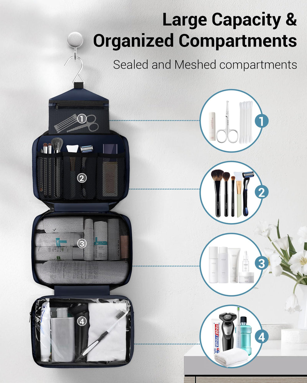 Maliton toiletry bag four compartments organize essentials during trips