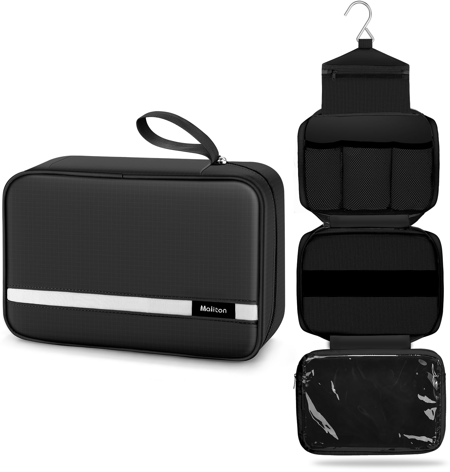Maliton toiletry bag front view in black showcases sleek travel-ready design for organized packing.