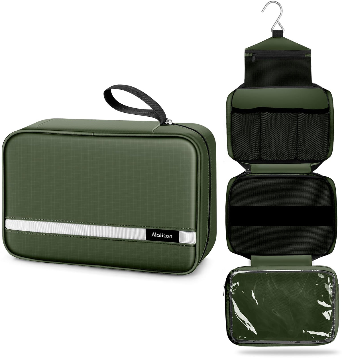 Maliton toiletry bag olive green front view highlights spacious capacity for travel essentials