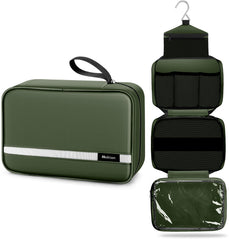 Maliton toiletry bag olive green front view highlights spacious capacity for travel essentials