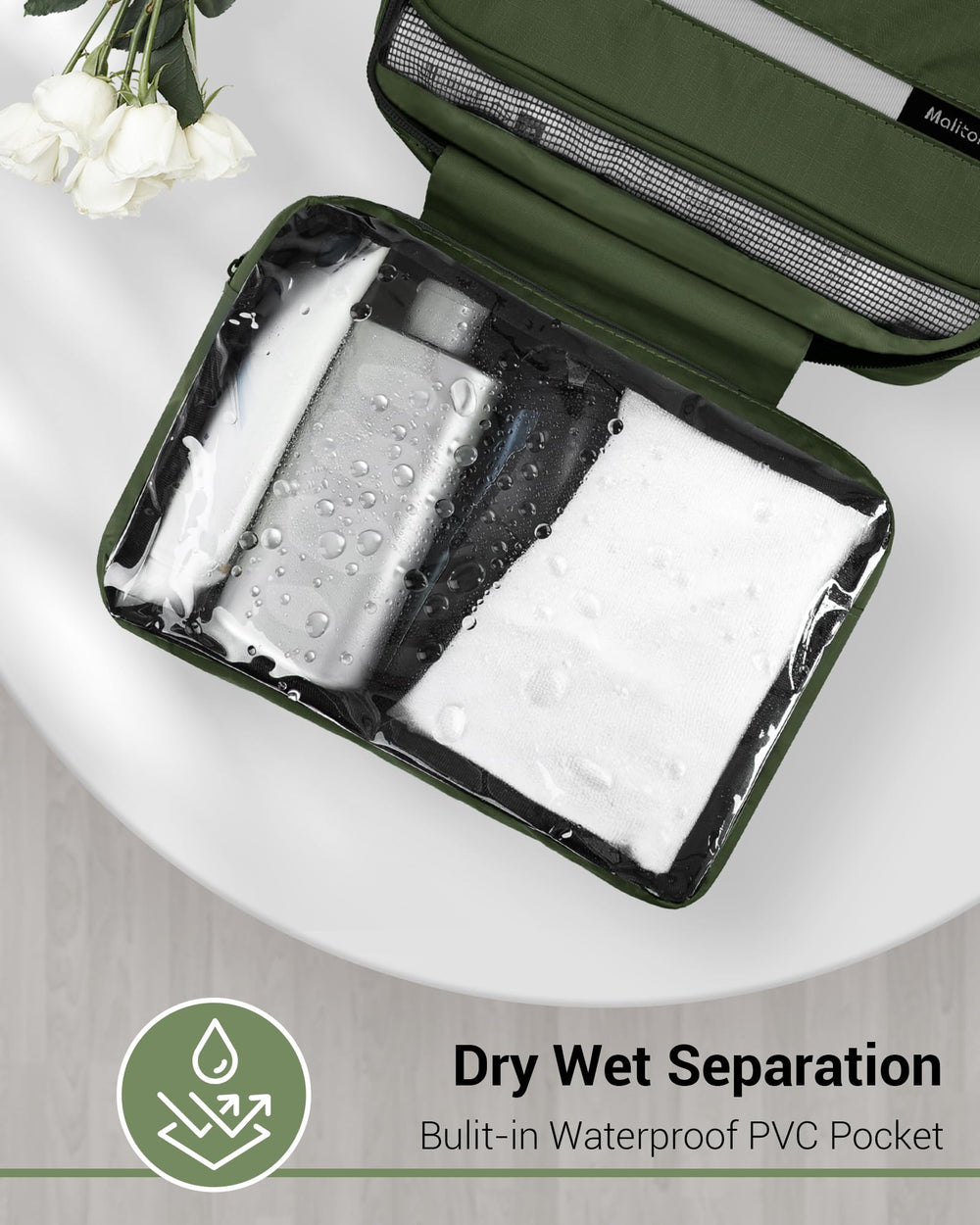 Maliton toiletry bag hanging on shower rod demonstrates easy access and space optimization