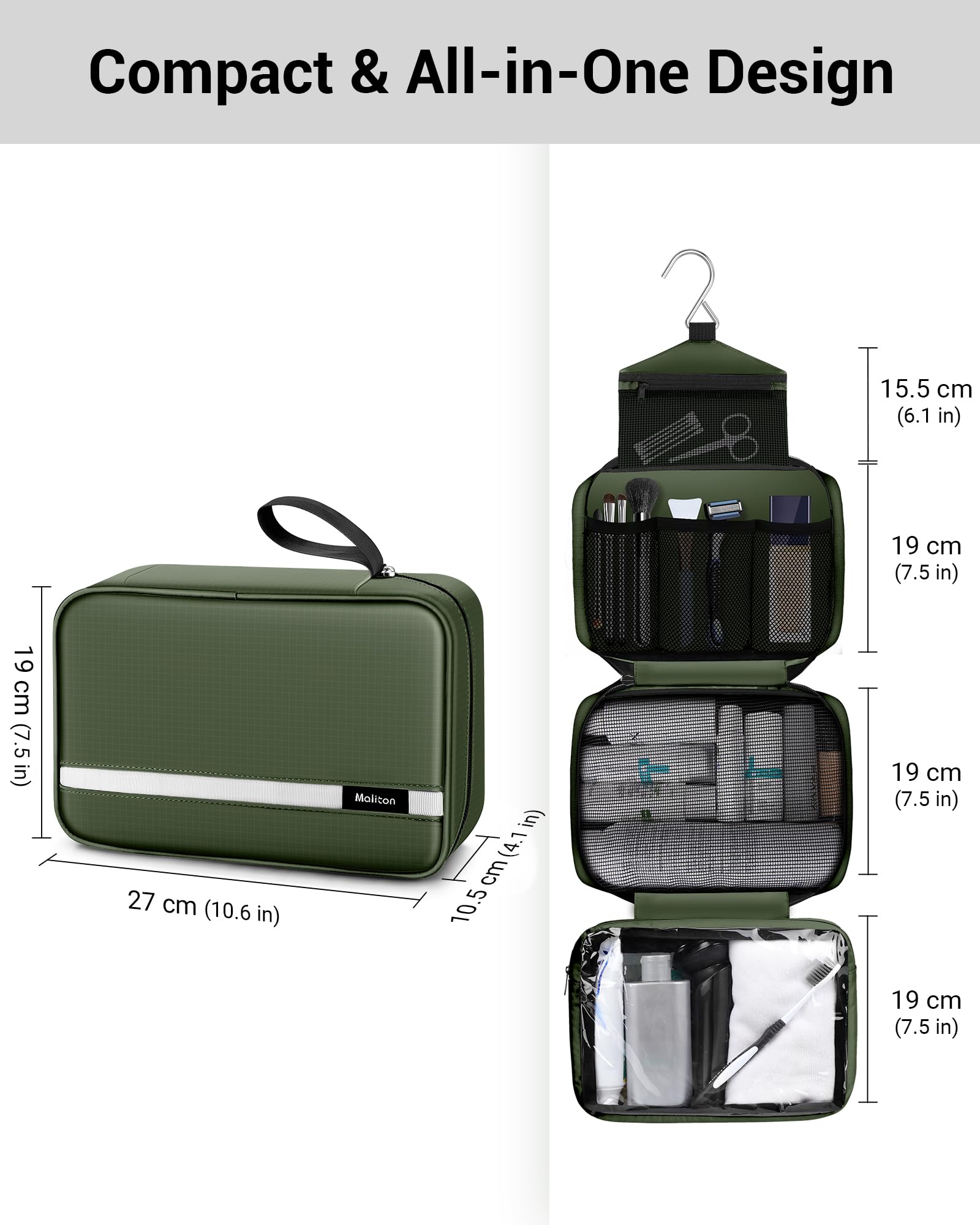 Maliton toiletry bag ventilated pocket supports quick drying of damp items