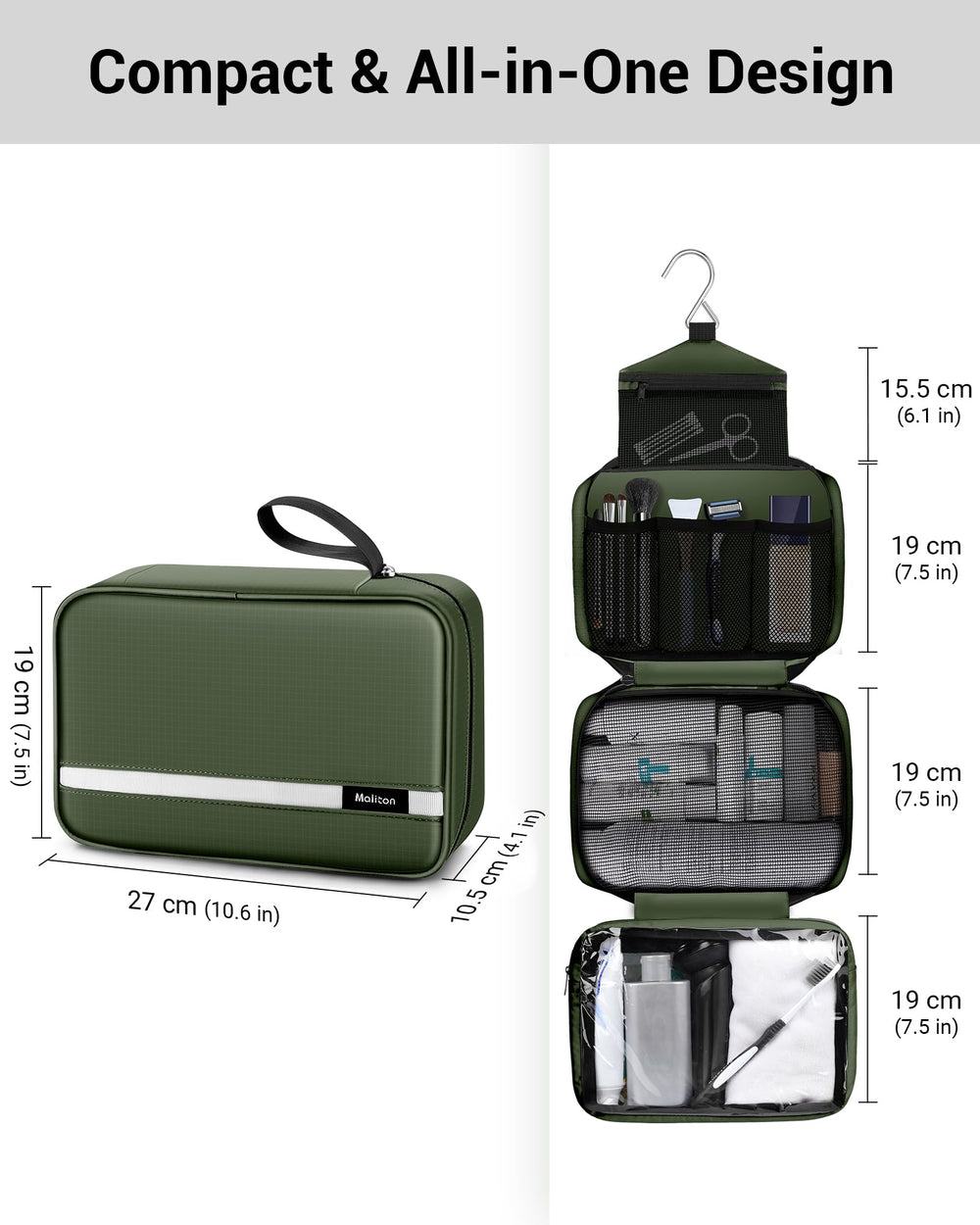 Maliton toiletry bag ventilated pocket supports quick drying of damp items