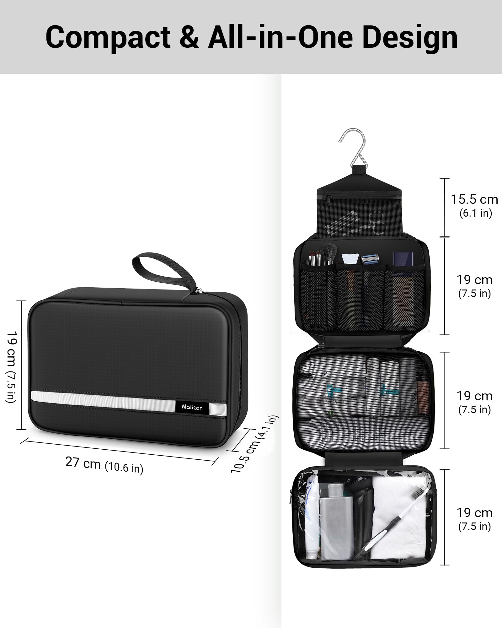 Maliton waterproof material closeup emphasizes leakproof protection for toiletries.