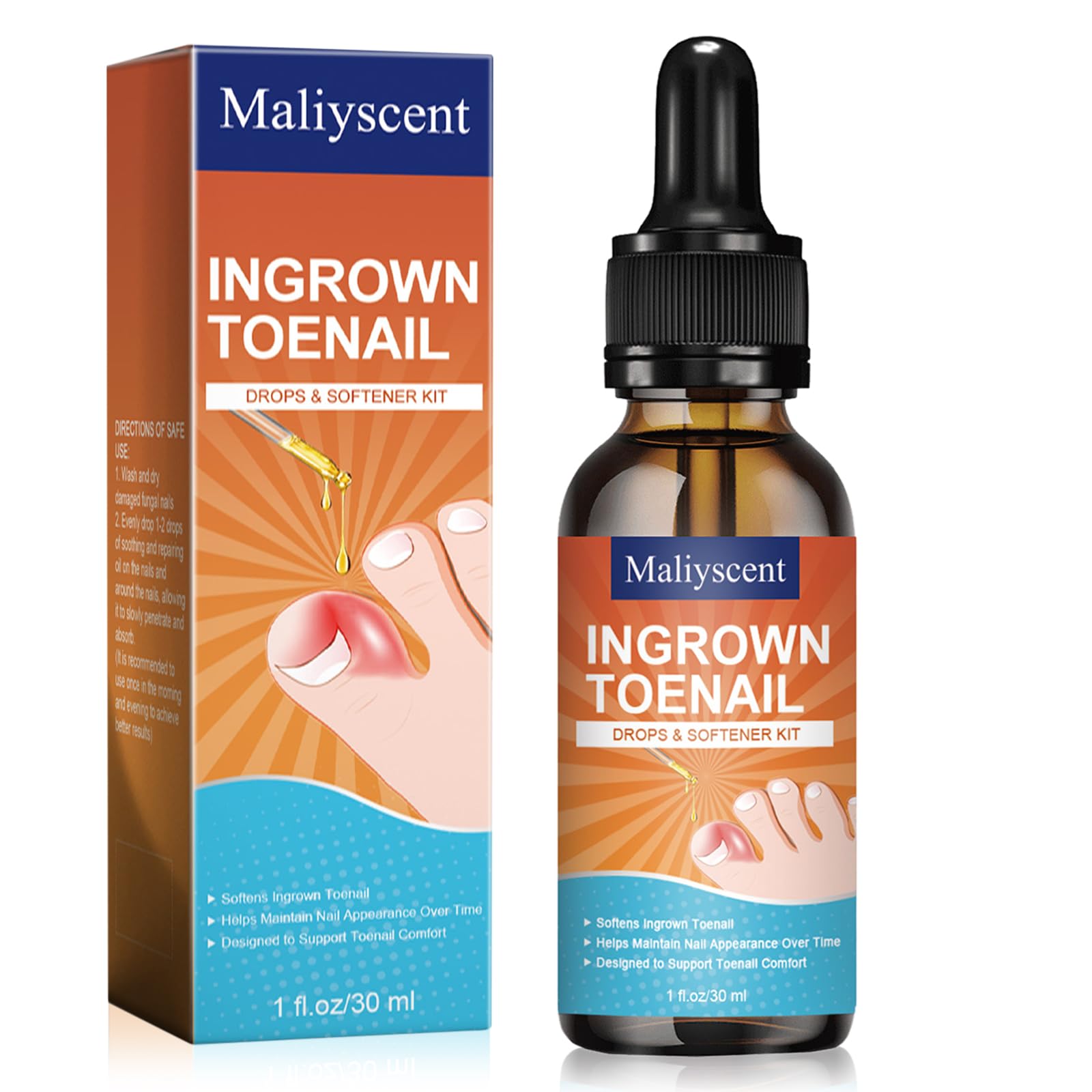 Maliyscent Ingrown Toenail Drop bottle closeup showing compact packaging for at-home care