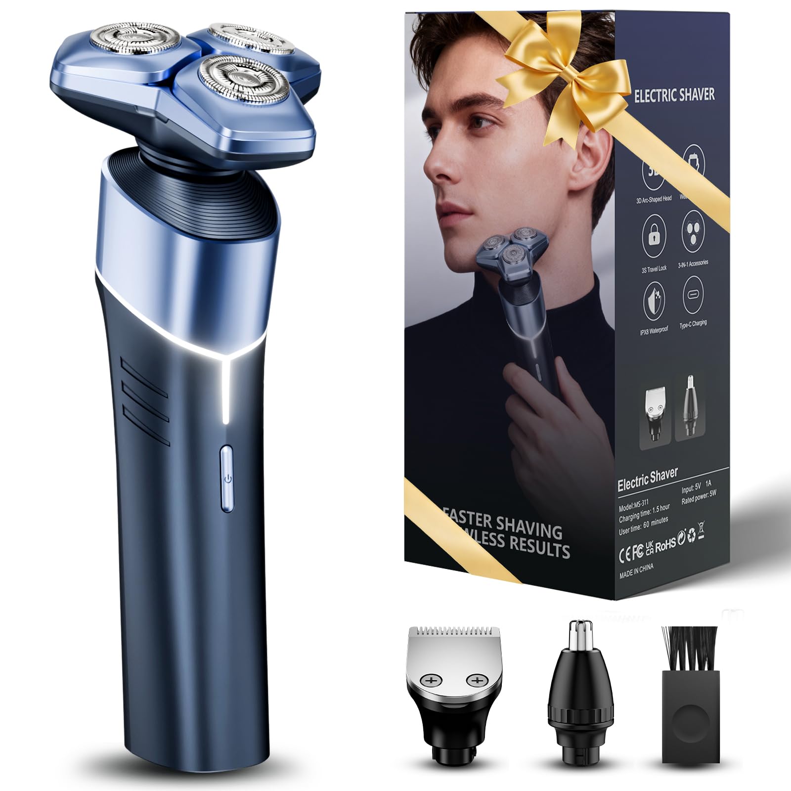 MALEGEBAZ electric razor with 3D arc blades for smooth shave on jawline and neck