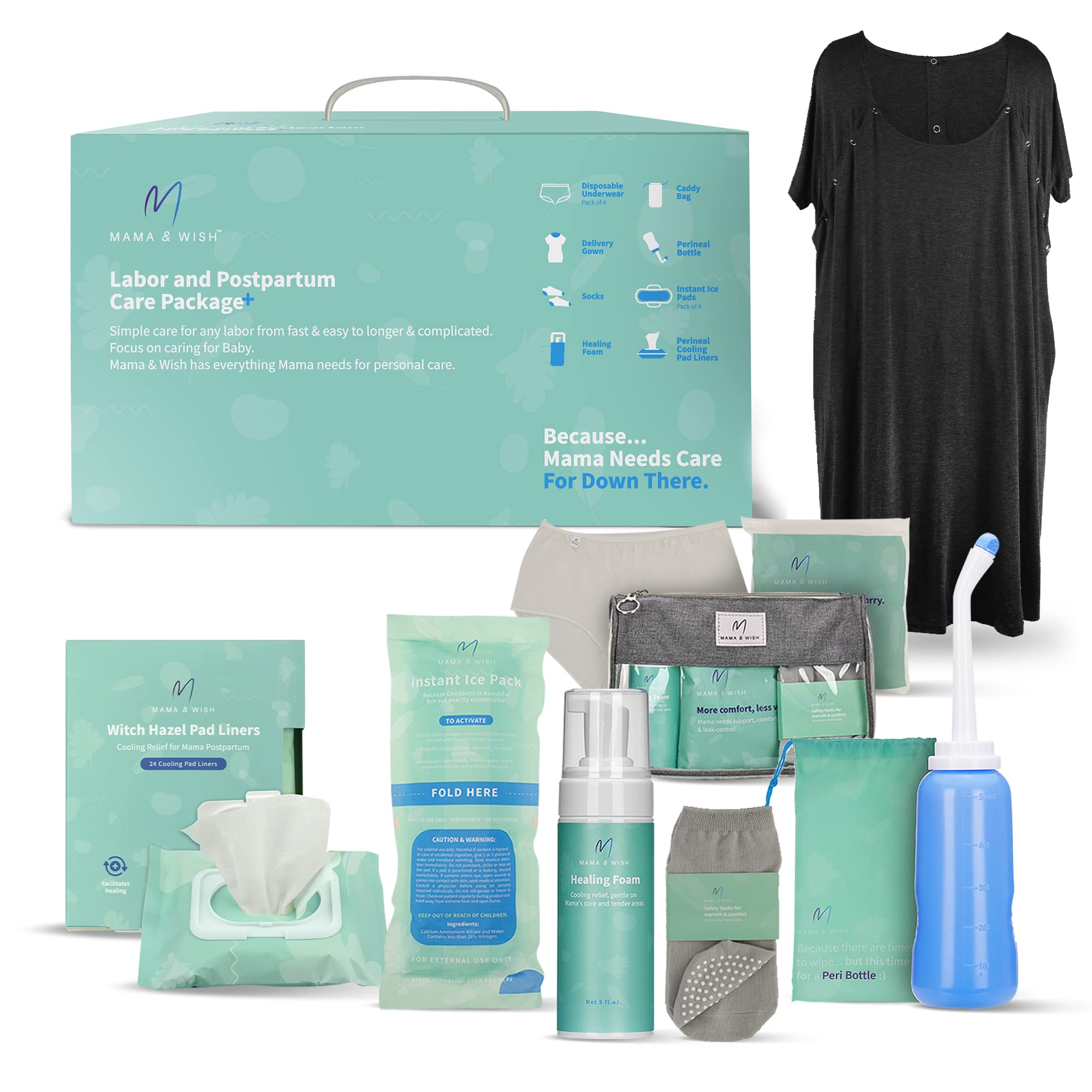 Mama & Wish postpartum kit gown ready for labor with breastfeeding-friendly snaps