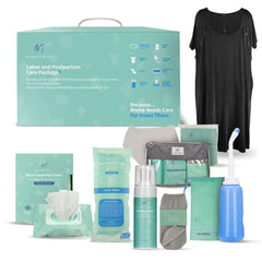 Mama & Wish postpartum kit gown ready for labor with breastfeeding-friendly snaps