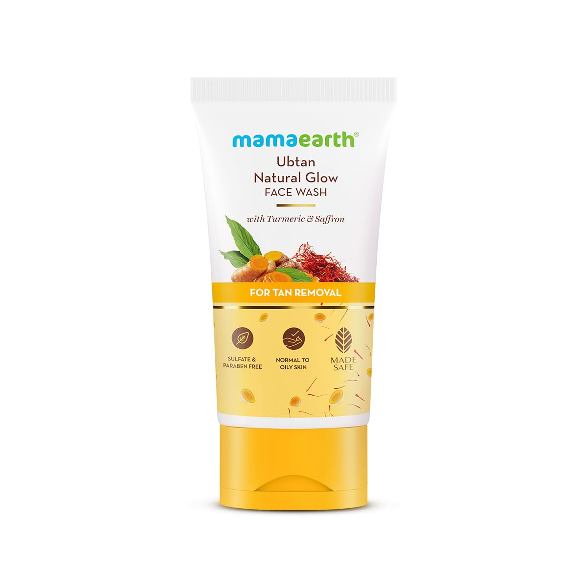 Mamaearth Ubtan De Tan Face Wash tube closeup showing gentle daily cleanse.