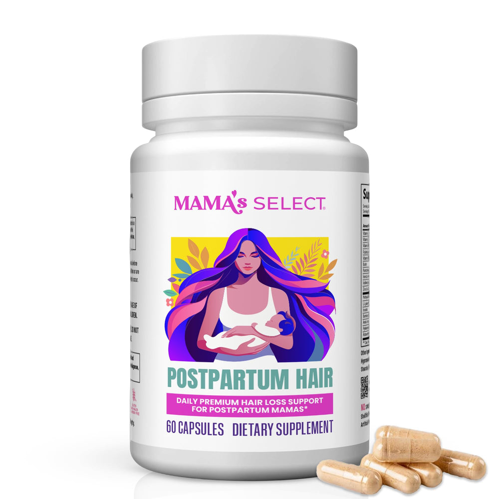Mama's Select postpartum hair loss vitamins bottle closeup for hair health support