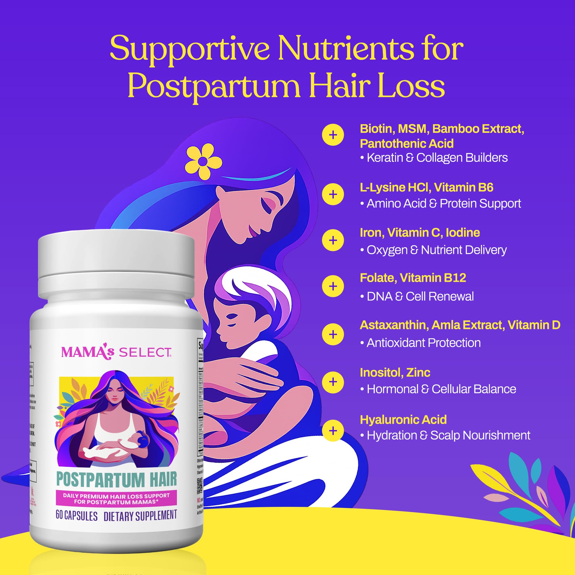 Mama's Select bottle on counter showcases vegan, safe-for-breastfeeding hair support