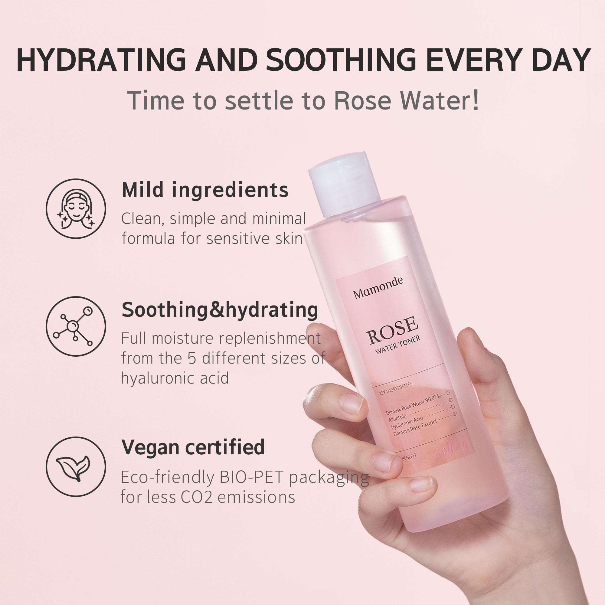 Mamonde Rose Water Toner Damask rose close-up emphasizing pure hydration.