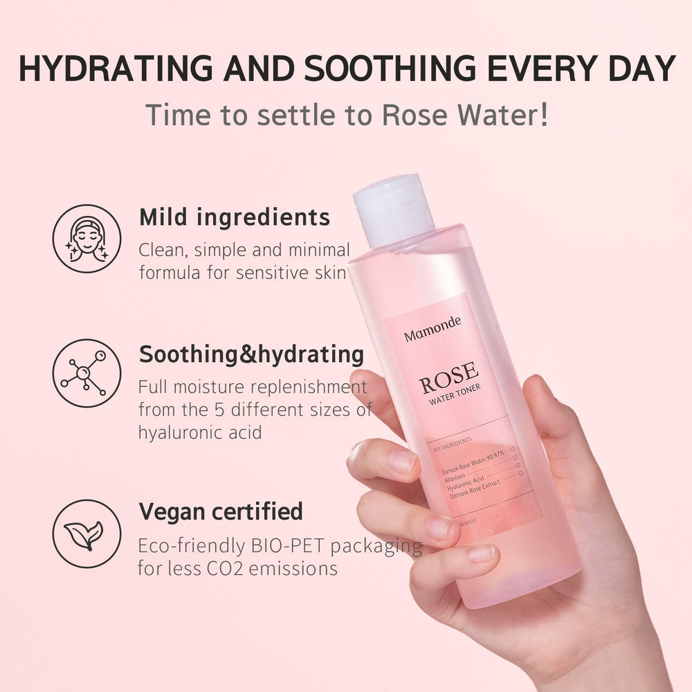Mamonde Rose Water Toner Damask rose close-up emphasizing pure hydration.