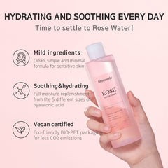 Mamonde Rose Water Toner Damask rose close-up emphasizing pure hydration.