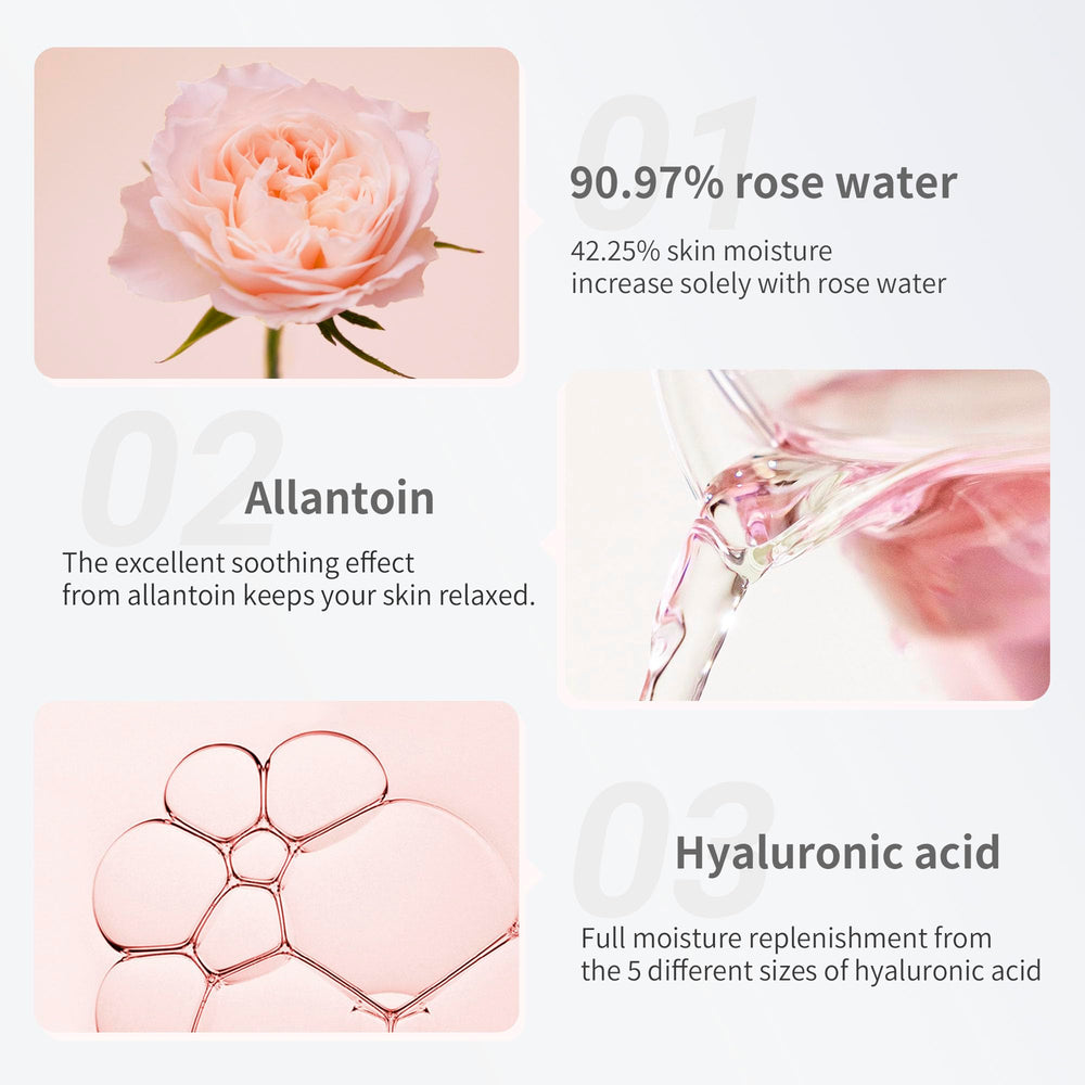 Mamonde Rose Water Toner with hyaluronic acid visual suggesting deep moisture support.