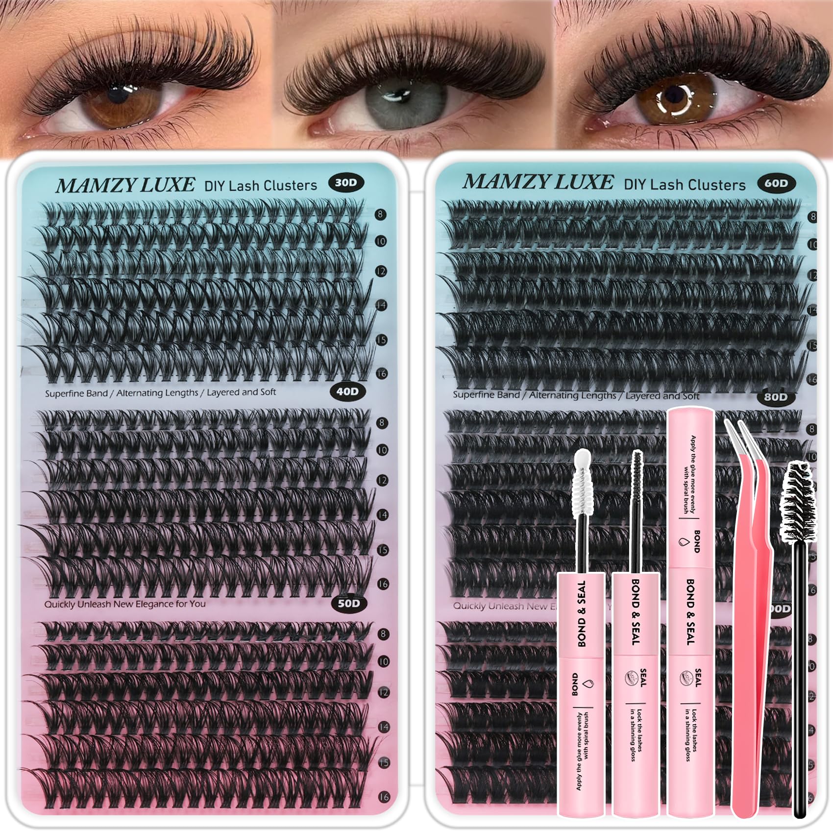 Mamzy Luxe front packaging showing full 708pc cluster lash kit and contents for convenience