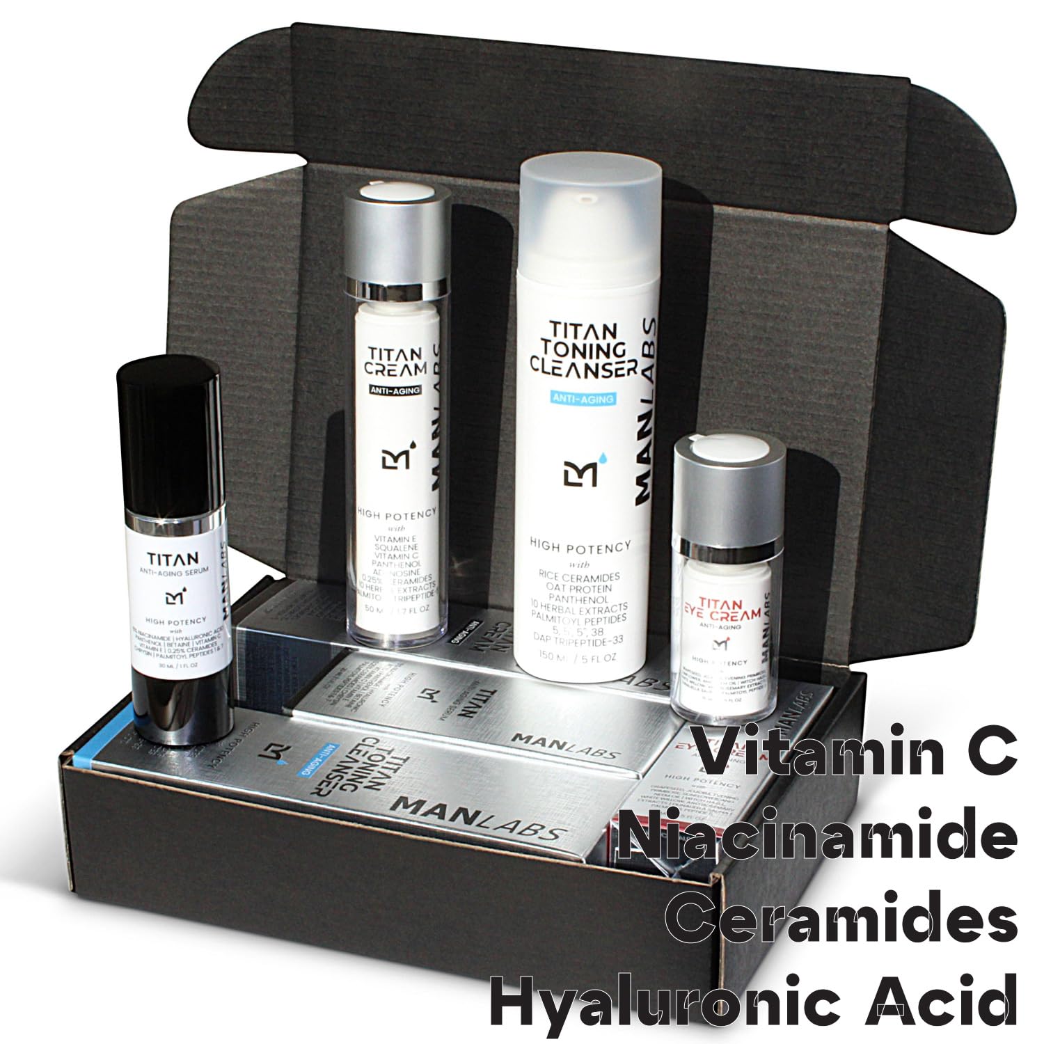 Man Labs Titan face moisturizer jar seals in hydration for lasting comfort.