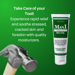 Man1 Man Oil penile health cream dispenser demonstrates easy-to-use tube for quick relief.