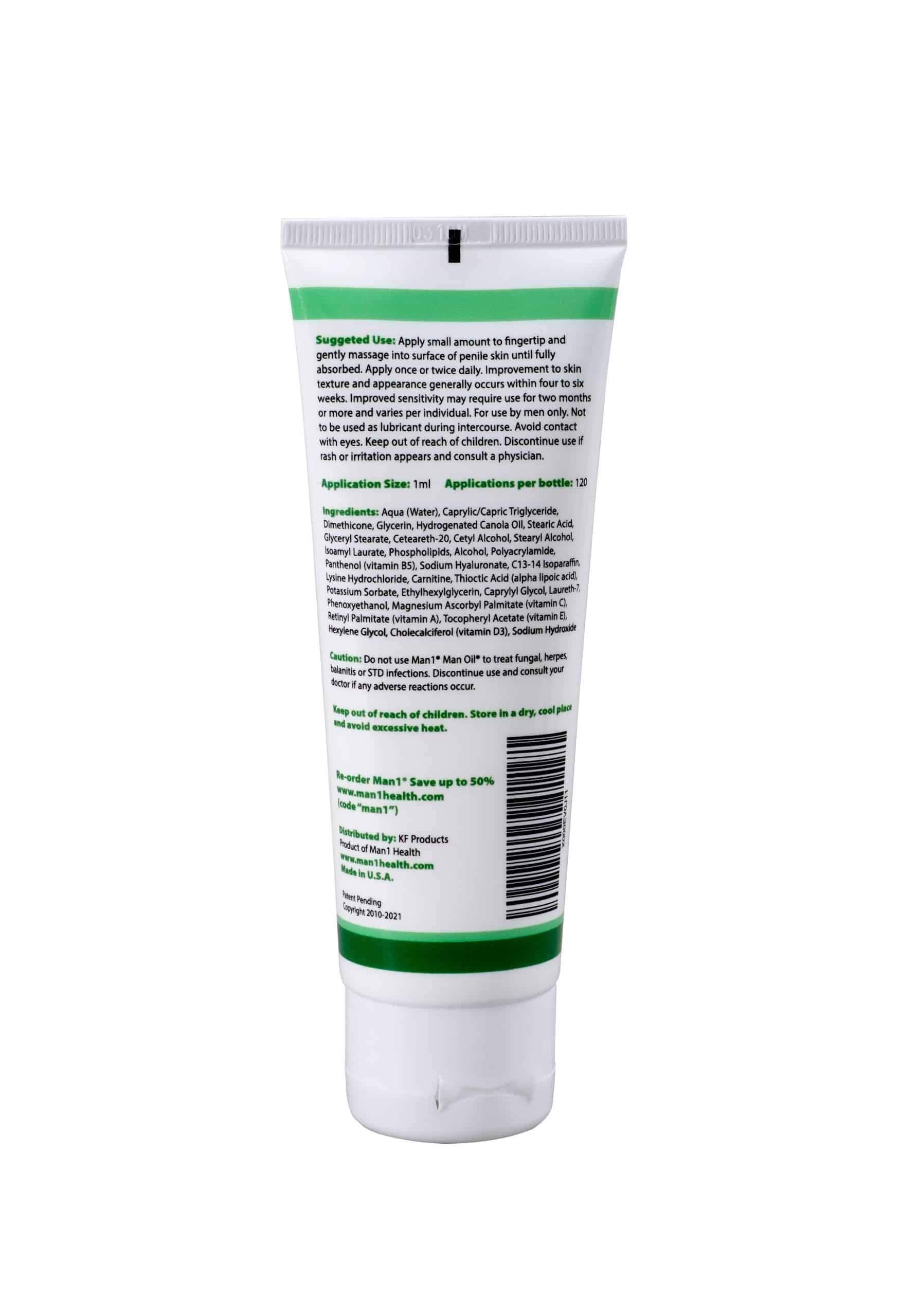 Man1 Man Oil penile health cream USA-made label reassures safe, cruelty-free production.