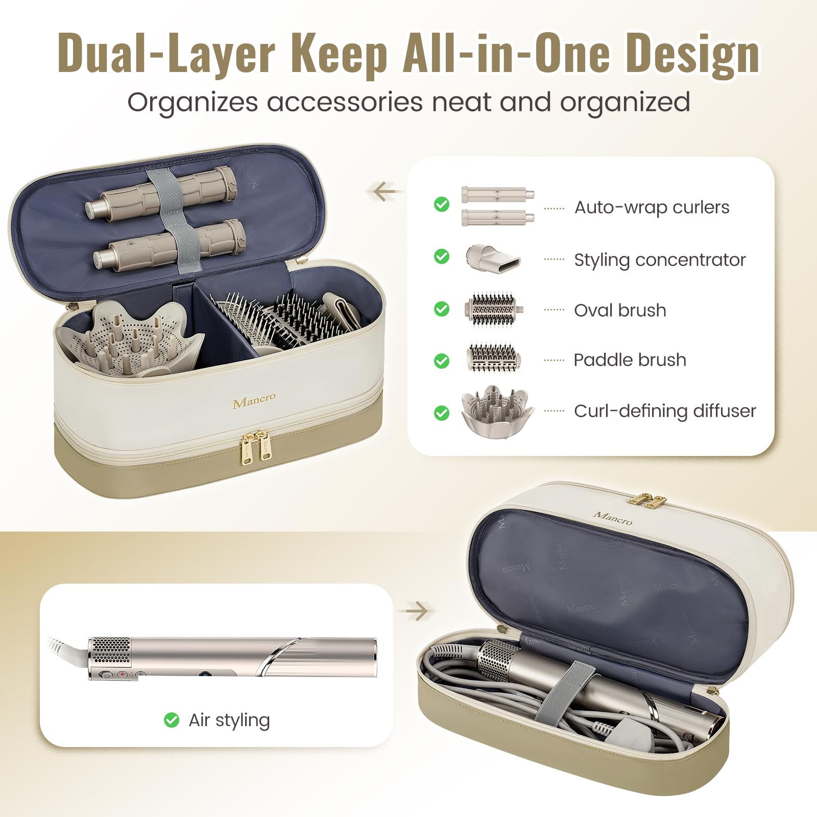 Mancro case upper compartment divider organizes brushes and attachments.