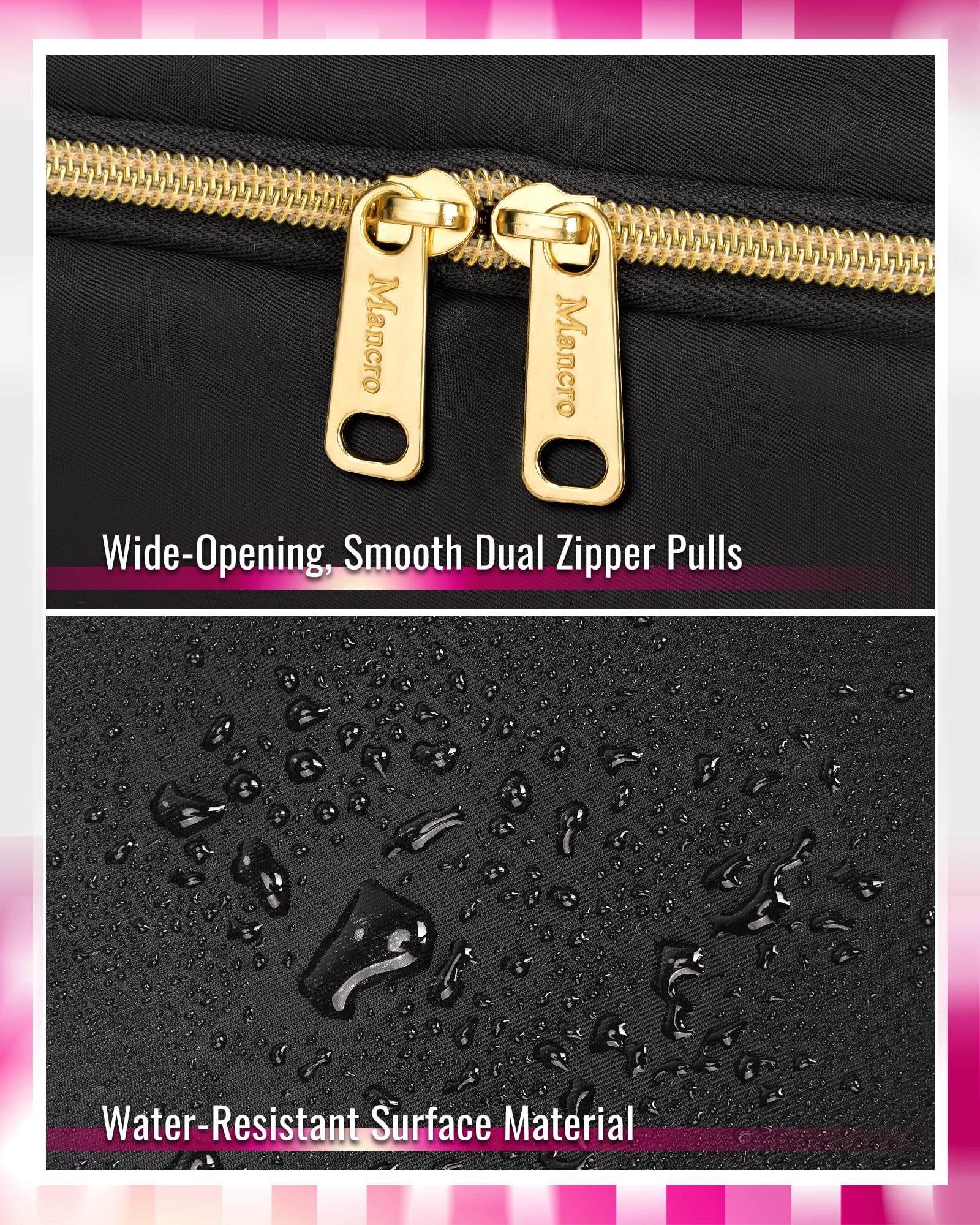 Mancro hair tool case top handles for easy carrying or hanging.