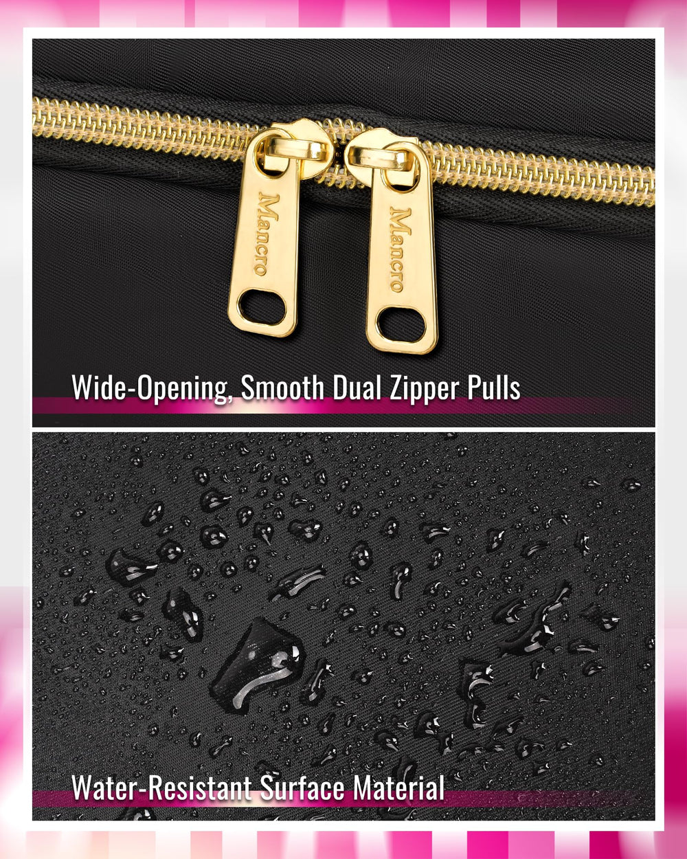 Mancro hair tool case top handles for easy carrying or hanging.