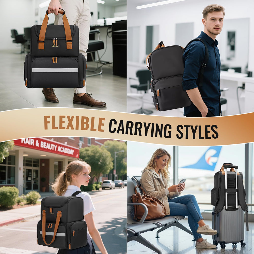 Mancro hairstylist travel bag breathable back panel and strap for easy travel.