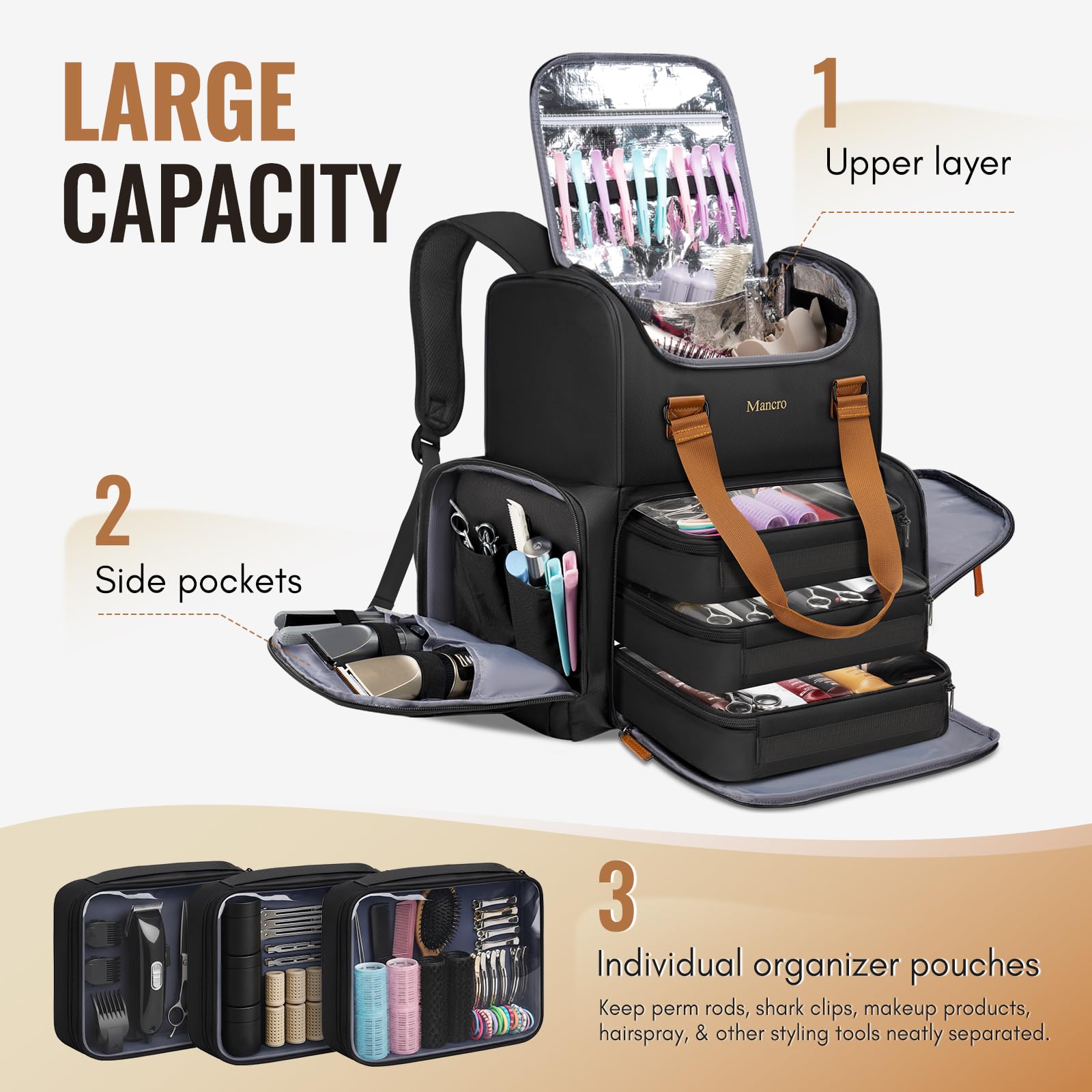 Mancro hairstylist travel bag lower section showing organized space for cosmetics and tools.
