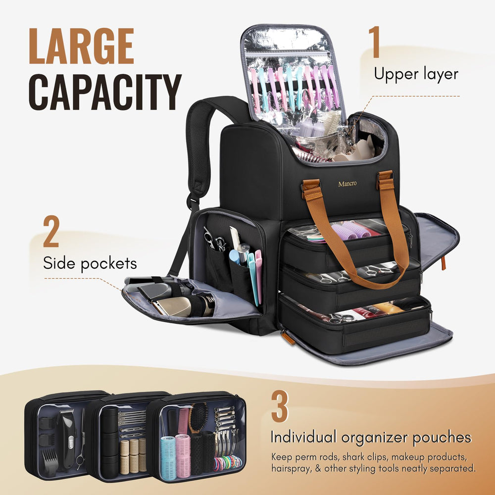 Mancro hairstylist travel bag lower section showing organized space for cosmetics and tools.