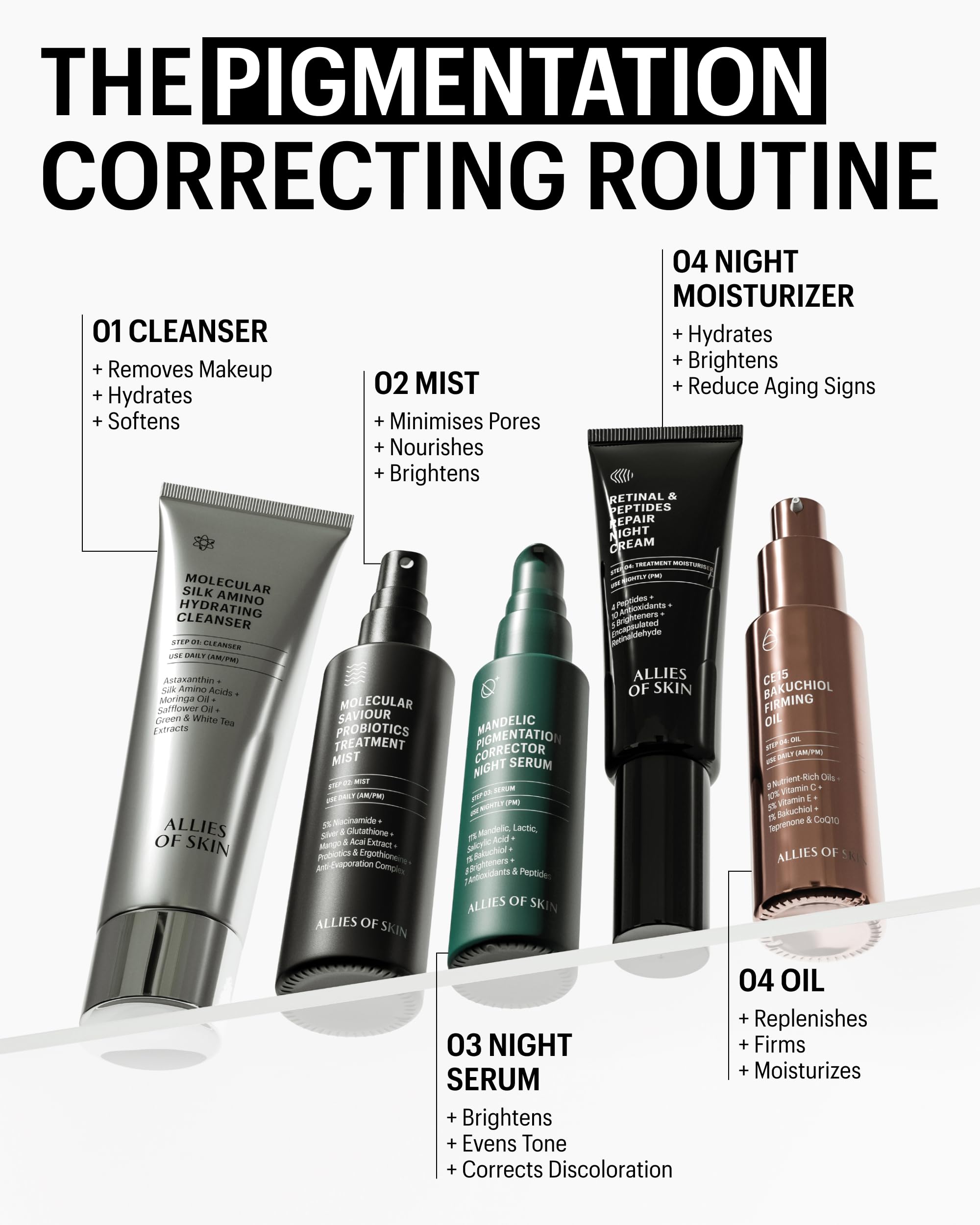 Label detail of Allies of Skin Mandelic Pigmentation Corrector Night Serum—cruelty-free and dermatologist-tested.