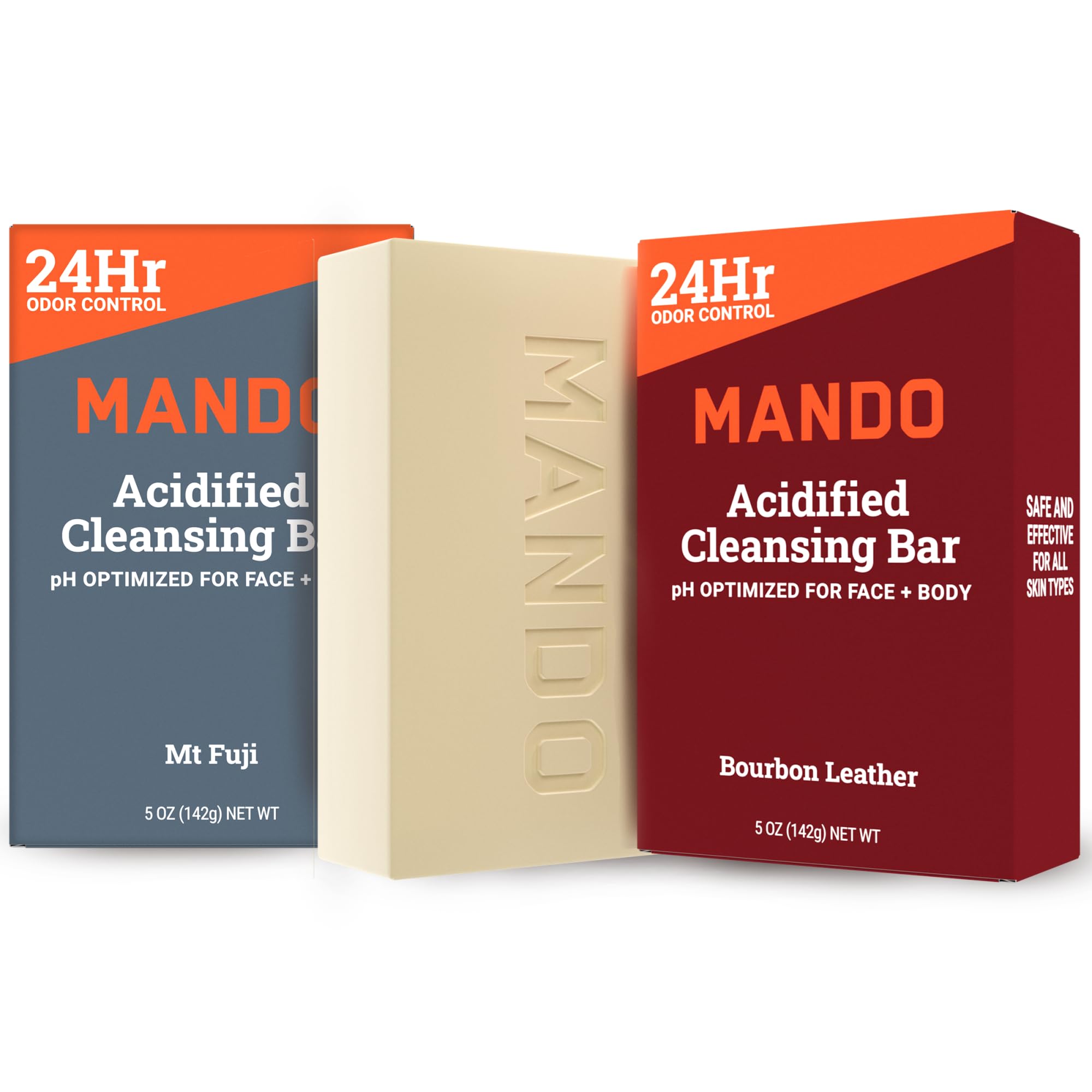 Mando 4-in-1 cleansing bar Bourbon Leather packaging shows compact, travel-friendly odor-control solution.