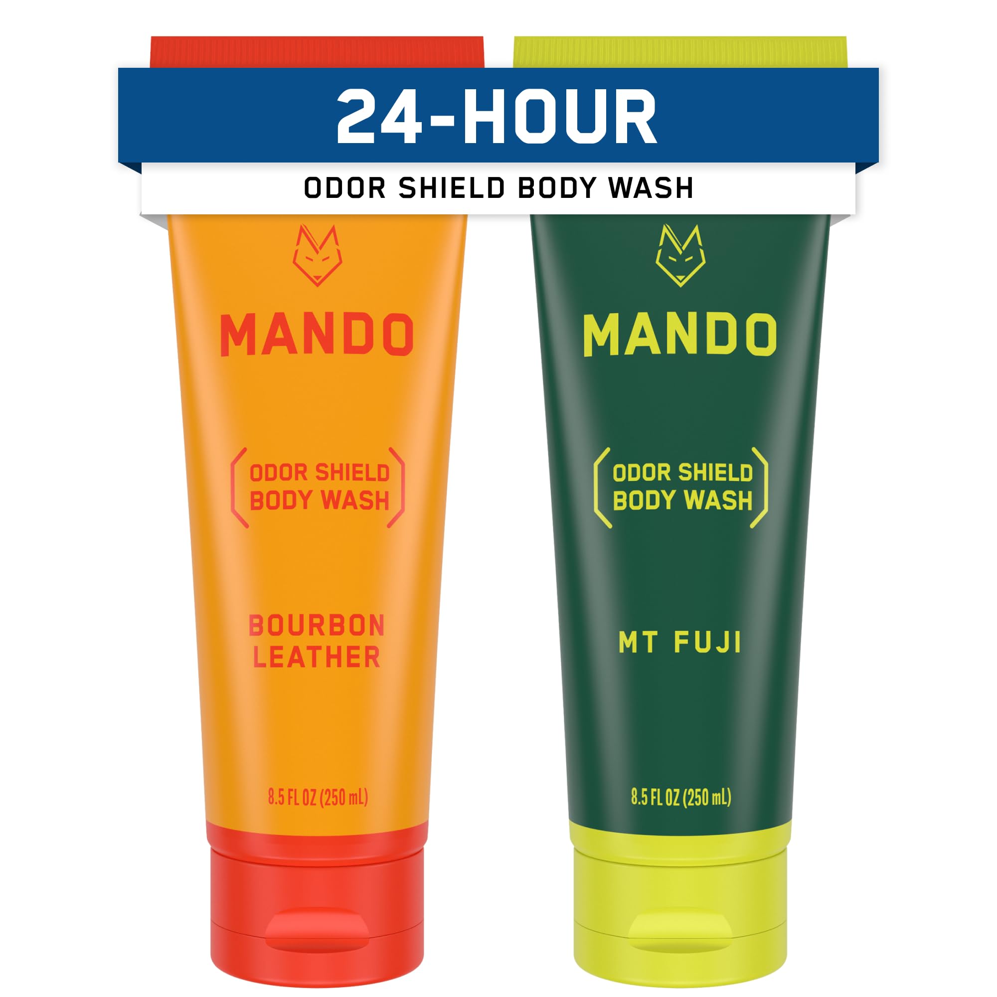 Mando Acidified Body Wash bourbon leather bottle highlights long-lasting freshness.