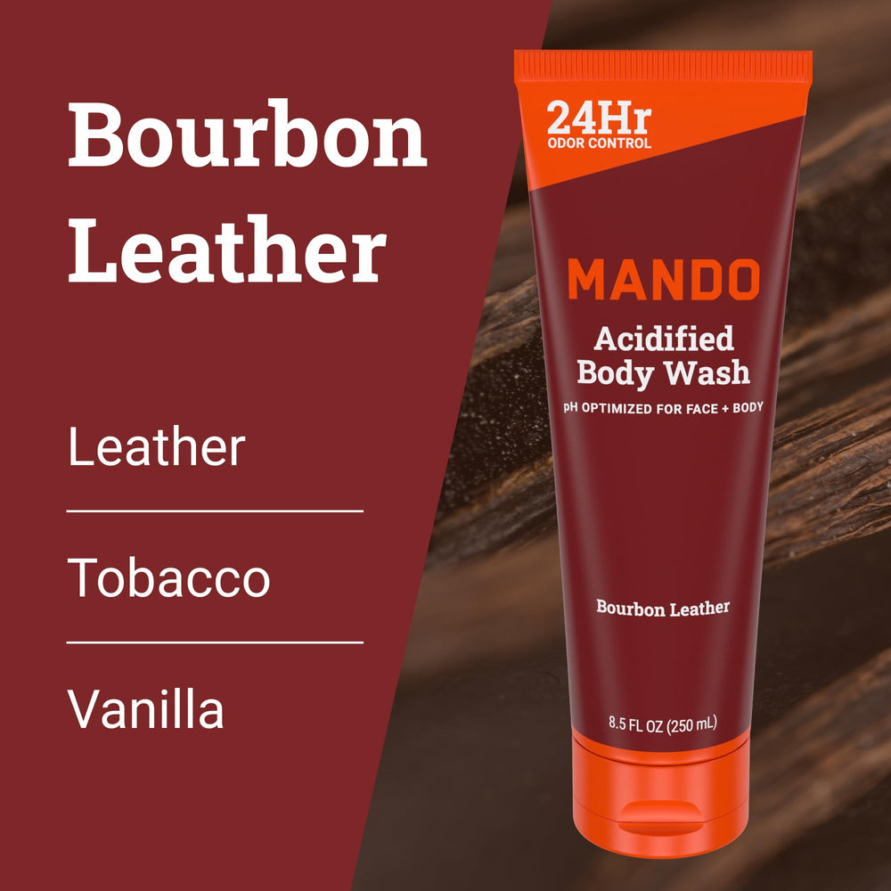 Mando Acidified Body Wash Bourbon Leather label shows scent notes.